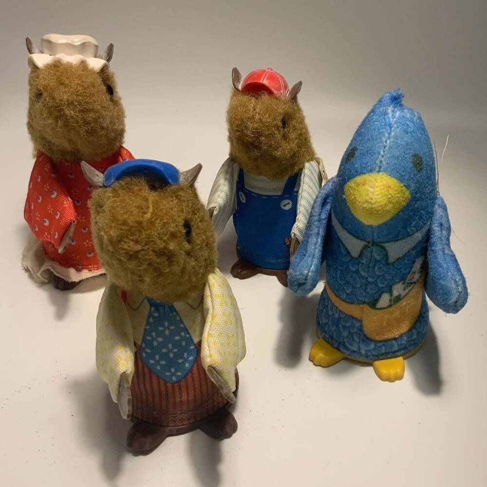 Vintage Flocked Animal Figurine Set - Bears and Penguin Family Retro Toys